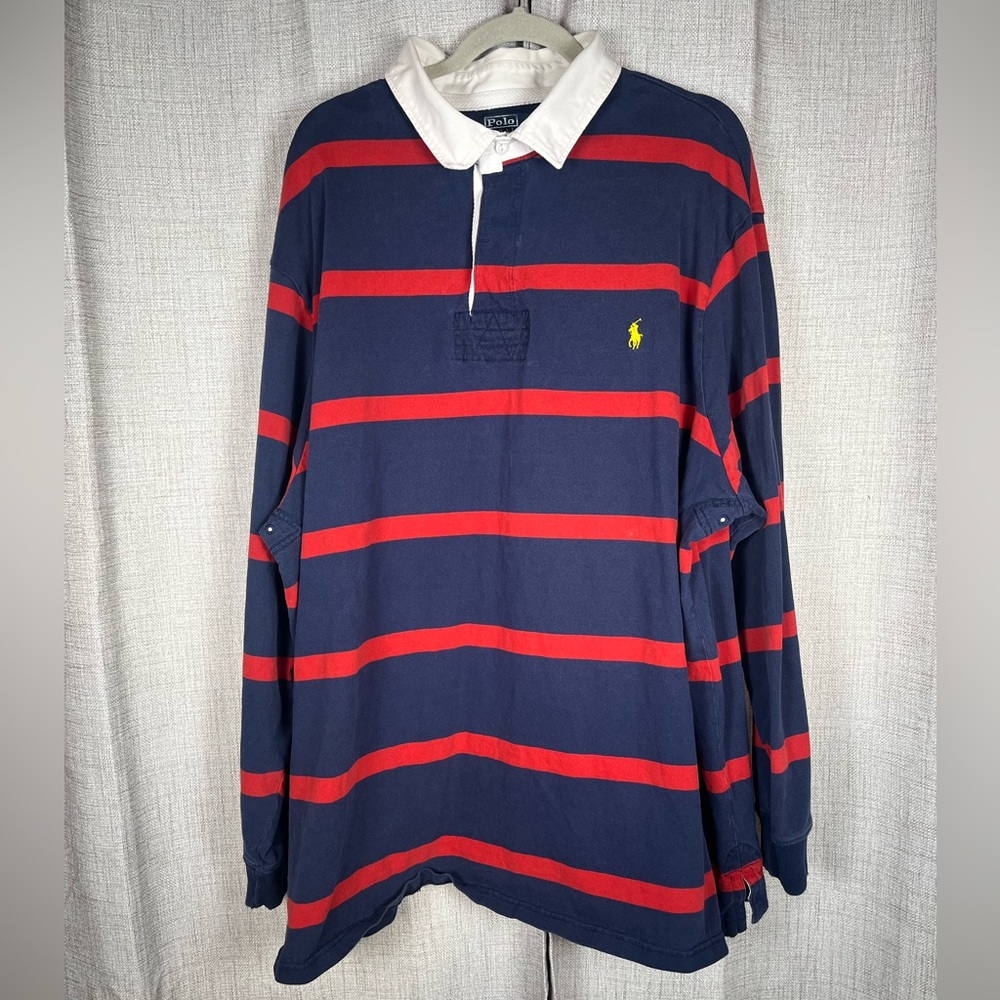 Polo Ralph Lauren Shirt Long Sleeve Rugby Blue Red Stripe Size 4XLT Tall Cotton